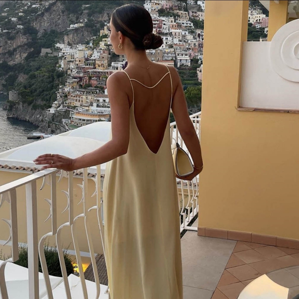 Commense - Backless Vacation Satin Long Dress